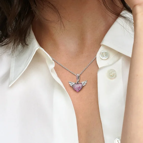 Pandora Silver Necklace with Pink Heart and Wings - Picture 3 of 6